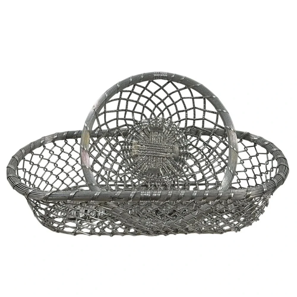 Silver Metal Wire Mesh Basket Set Industrial Oval‎ Bread Basket Round Fruit Bowl